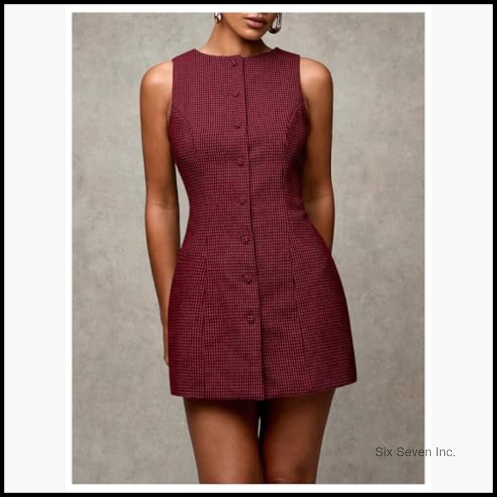 Polyester Blend Plaid Button Down Dress Sleeveles… - image 3